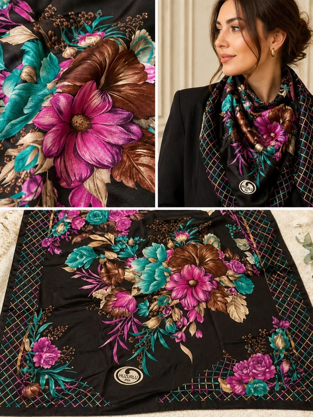 Vintage Turkish Silk Square Scarf in Black, Magenta & Teal -